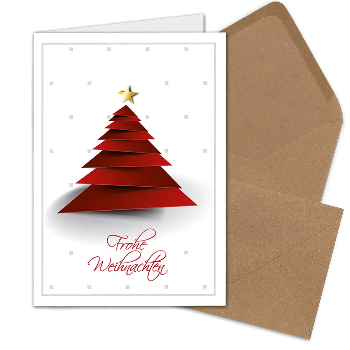 NEUSER PAPIER Juego de 200 tarjetas navideñas DIN A6 en blanco con diseño de árbol de Navidad rojo - tarjetas plegables con sobres DIN C6 papel kraft marrón arena con encolado húmedo