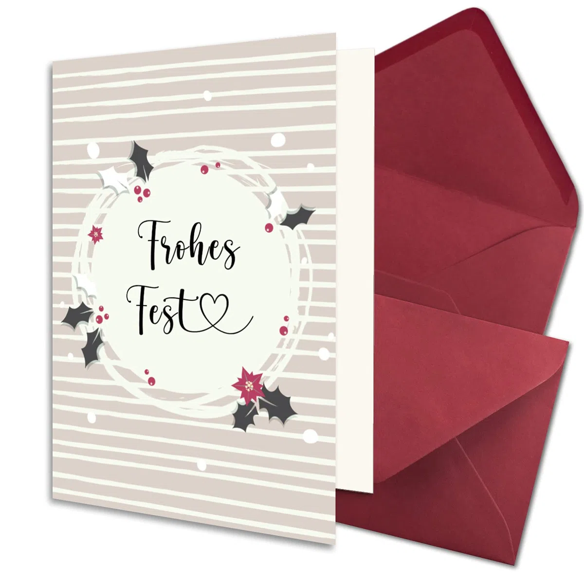 NEUSER PAPIER Juego de 200 tarjetas navideñas sostenibles DIN A6 en rosa viejo con acebo y texto - Tarjetas plegables con sobres DIN C6 rojo oscuro (rojo) con pegamento húmedo