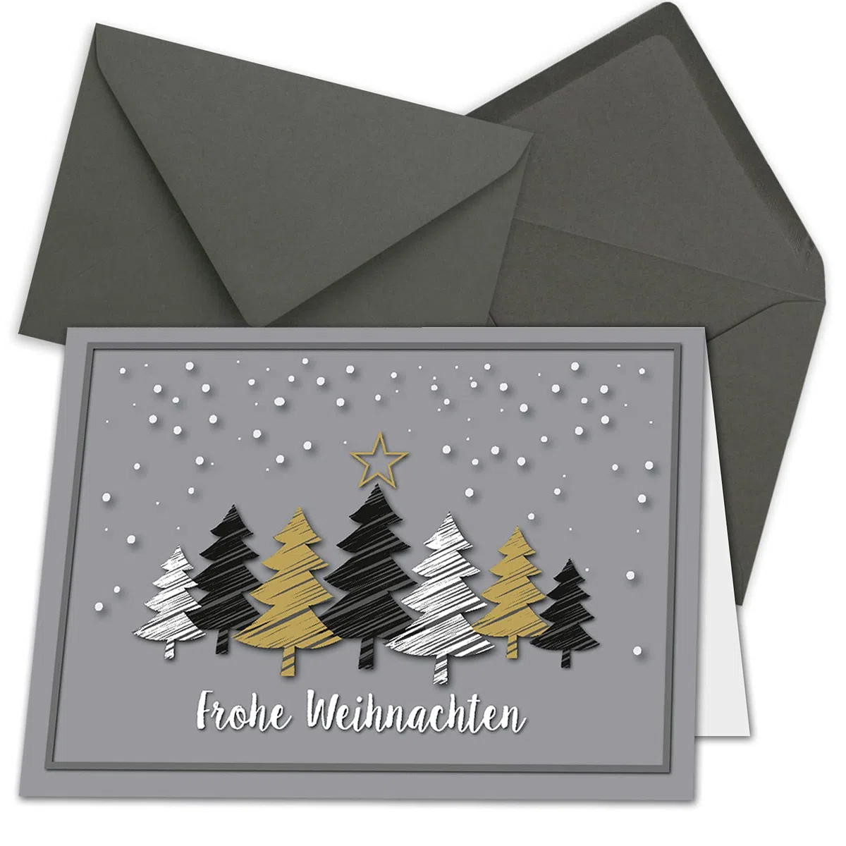 NEUSER PAPIER Juego de 200 tarjetas navideñas DIN A6 en gris con árboles de Navidad con aspecto rayado - Tarjetas plegables con sobres DIN C6 antracita con pegamento húmedo - Felicitaciones navideñas